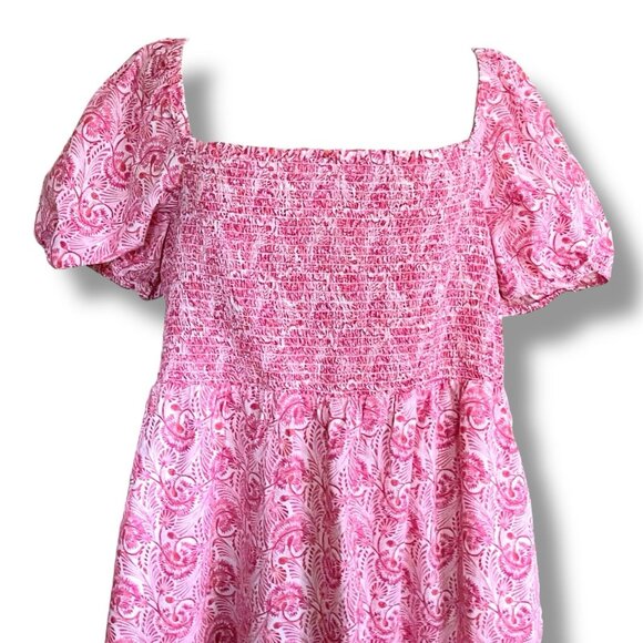 J Crew Womens Mini Dress Sz 3X Pink White Floral Puff Sleeve Smocked Coquette - Picture 6 of 9